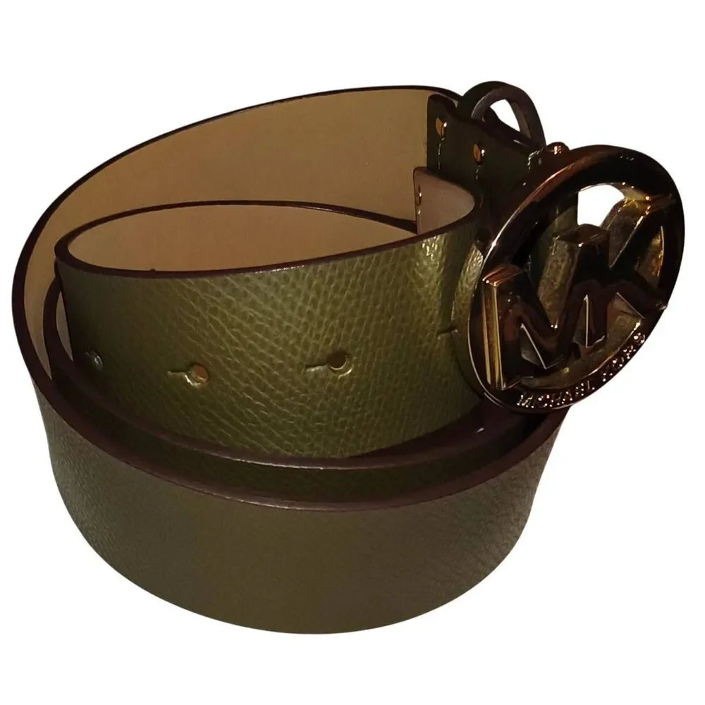 Michael Kors Belt Women Size XL Green Genuine Leather Classic MK Logo Gold toned